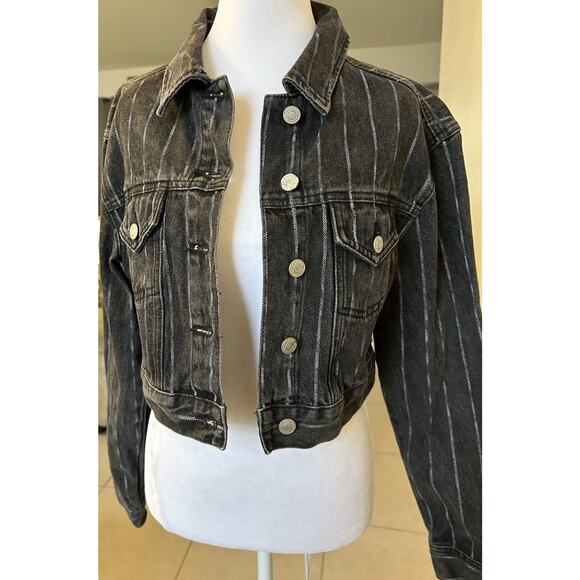 PACSUN Denim Jacket Women S FADED Black Pin Stripe Washed Cropped Rocker Y2K - Picture 1 of 13